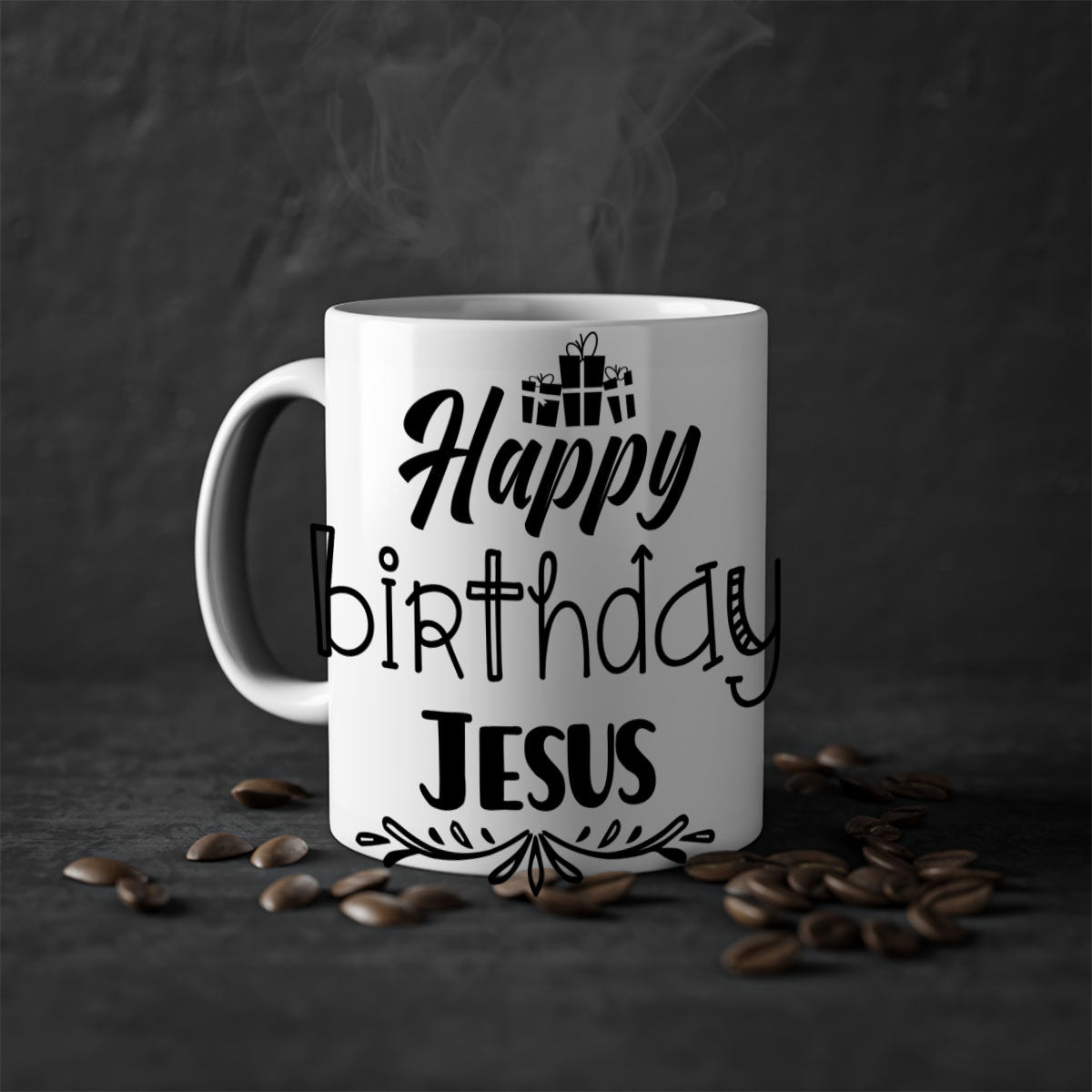 Happy Birthday Jesus Mug featuring a glossy finish, colored handle, and interior, available in multiple colors and sizes.