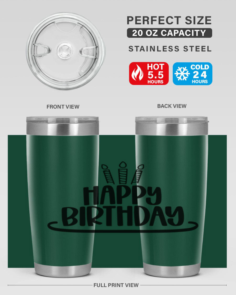 Happy Birthday Style 1# tumbler in 20oz and 30oz sizes, showcasing double wall vacuum stainless steel design with vibrant birthday-themed print.