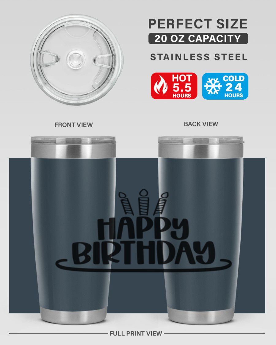 Happy Birthday Style 1# tumbler in 20oz and 30oz sizes, showcasing double wall vacuum stainless steel design with vibrant birthday-themed print.