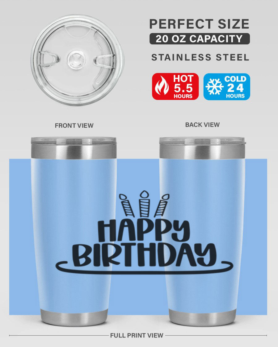 Happy Birthday Style 1# tumbler in 20oz and 30oz sizes, showcasing double wall vacuum stainless steel design with vibrant birthday-themed print.