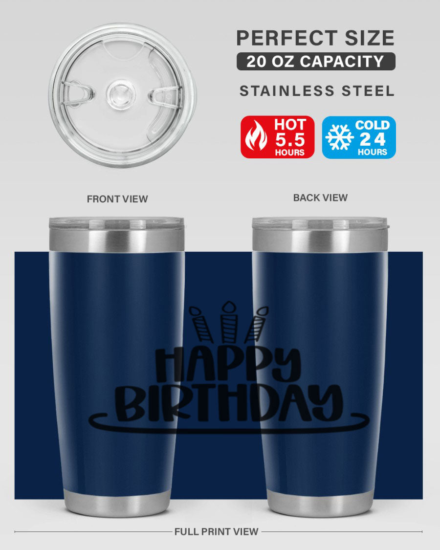 Happy Birthday Style 1# tumbler in 20oz and 30oz sizes, showcasing double wall vacuum stainless steel design with vibrant birthday-themed print.