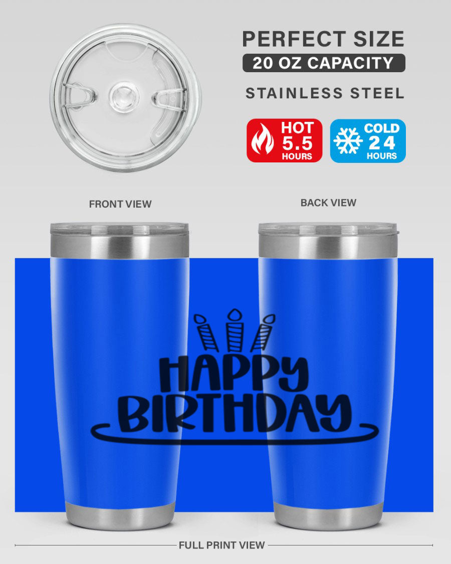 Happy Birthday Style 1# tumbler in 20oz and 30oz sizes, showcasing double wall vacuum stainless steel design with vibrant birthday-themed print.