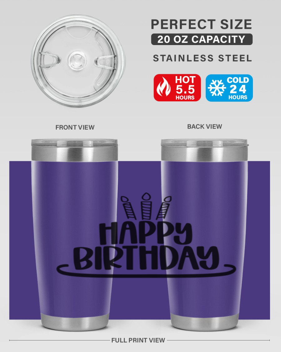 Happy Birthday Style 1# tumbler in 20oz and 30oz sizes, showcasing double wall vacuum stainless steel design with vibrant birthday-themed print.