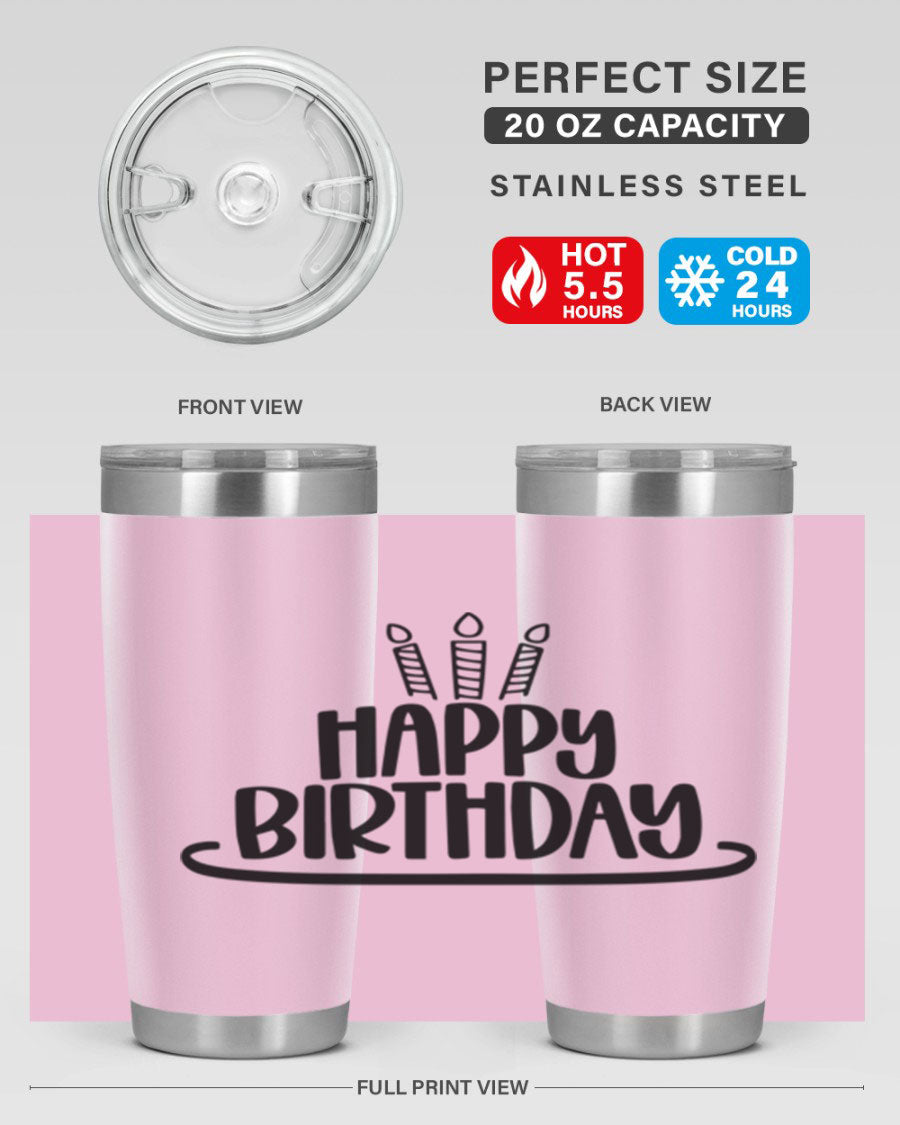 Happy Birthday Style 1# tumbler in 20oz and 30oz sizes, showcasing double wall vacuum stainless steel design with vibrant birthday-themed print.