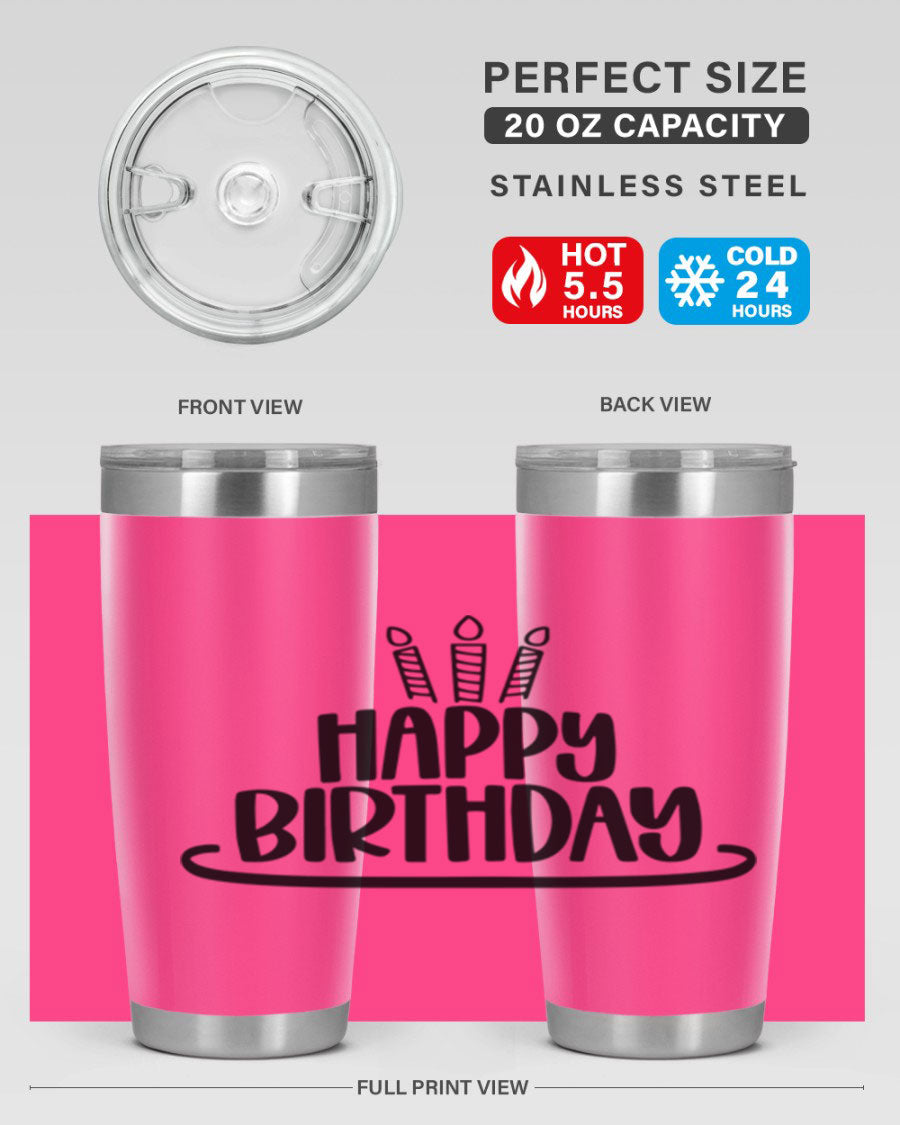Happy Birthday Style 1# tumbler in 20oz and 30oz sizes, showcasing double wall vacuum stainless steel design with vibrant birthday-themed print.