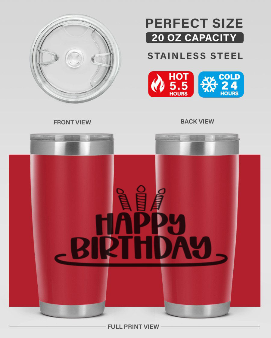 Happy Birthday Style 1# tumbler in 20oz and 30oz sizes, showcasing double wall vacuum stainless steel design with vibrant birthday-themed print.