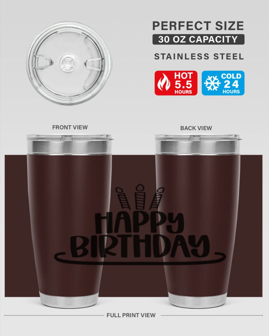 Happy Birthday Style 1# tumbler in 20oz and 30oz sizes, showcasing double wall vacuum stainless steel design with vibrant birthday-themed print.
