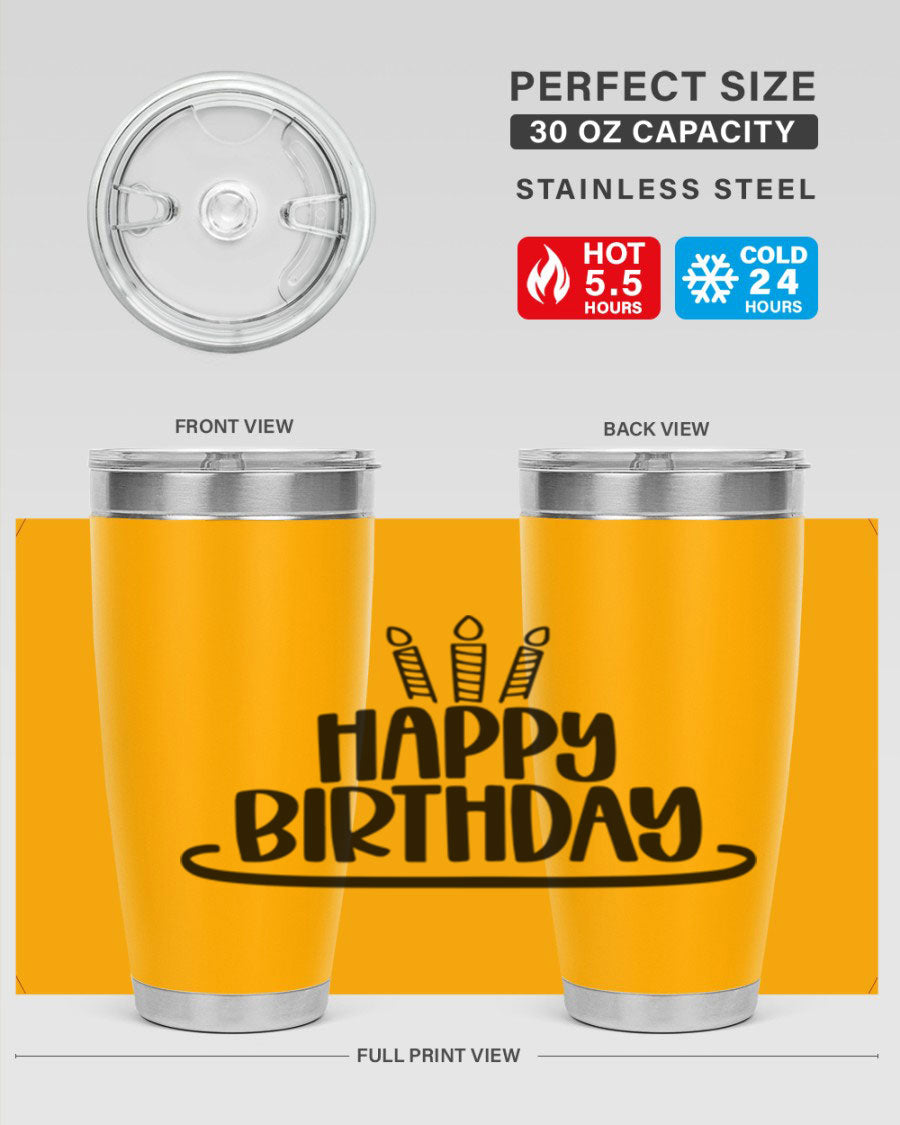 Happy Birthday Style 1# tumbler in 20oz and 30oz sizes, showcasing double wall vacuum stainless steel design with vibrant birthday-themed print.