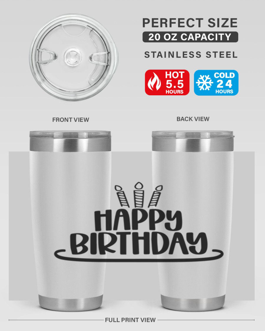 Happy Birthday Style 1# tumbler in 20oz and 30oz sizes, showcasing double wall vacuum stainless steel design with vibrant birthday-themed print.