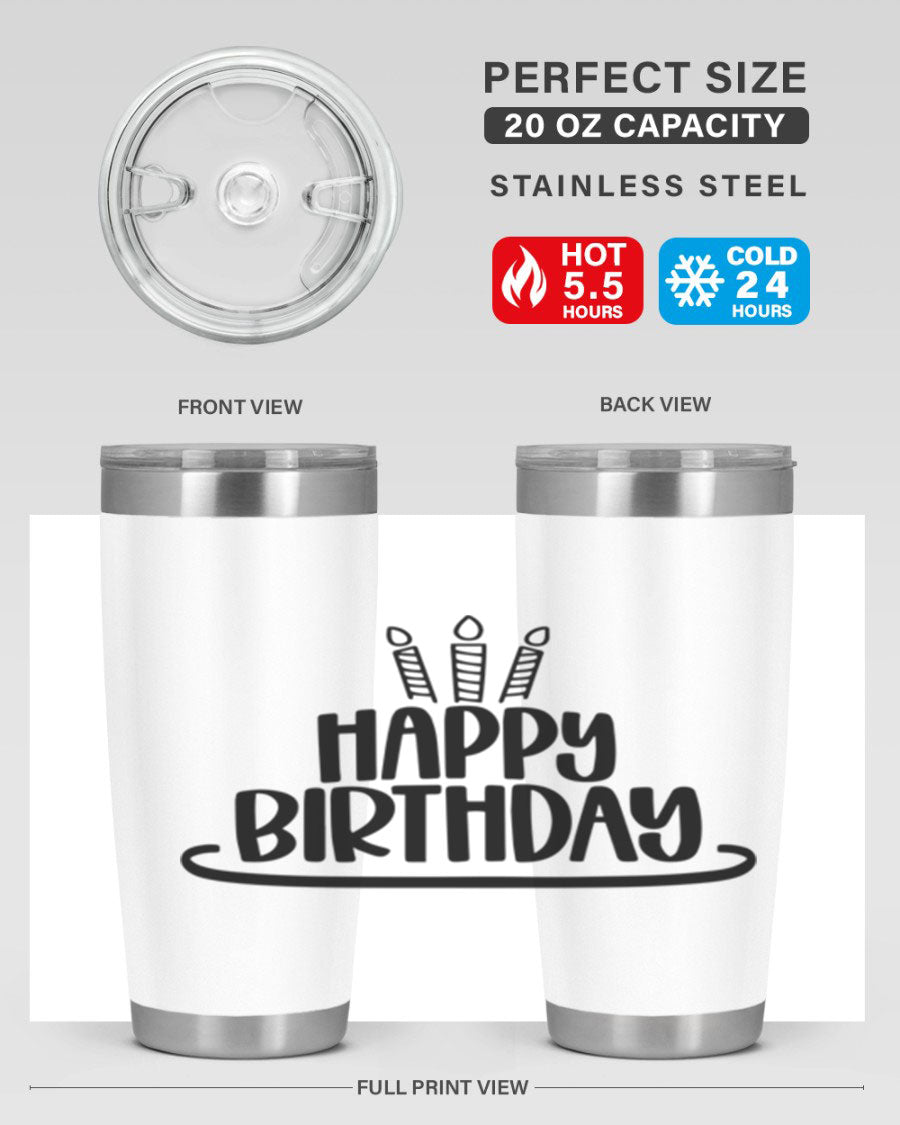 Happy Birthday Style 1# tumbler in 20oz and 30oz sizes, showcasing double wall vacuum stainless steel design with vibrant birthday-themed print.