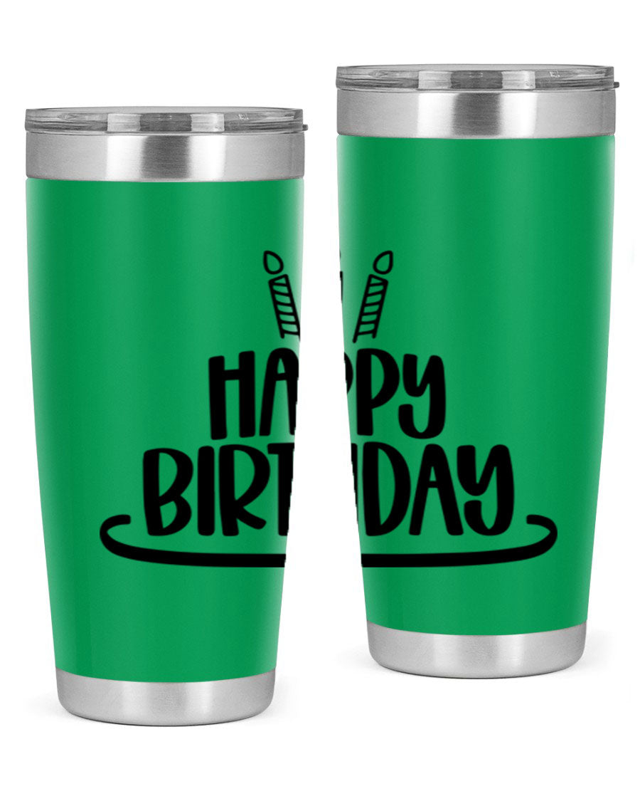 Happy Birthday Style 1# tumbler in 20oz and 30oz sizes, showcasing double wall vacuum stainless steel design with vibrant birthday-themed print.