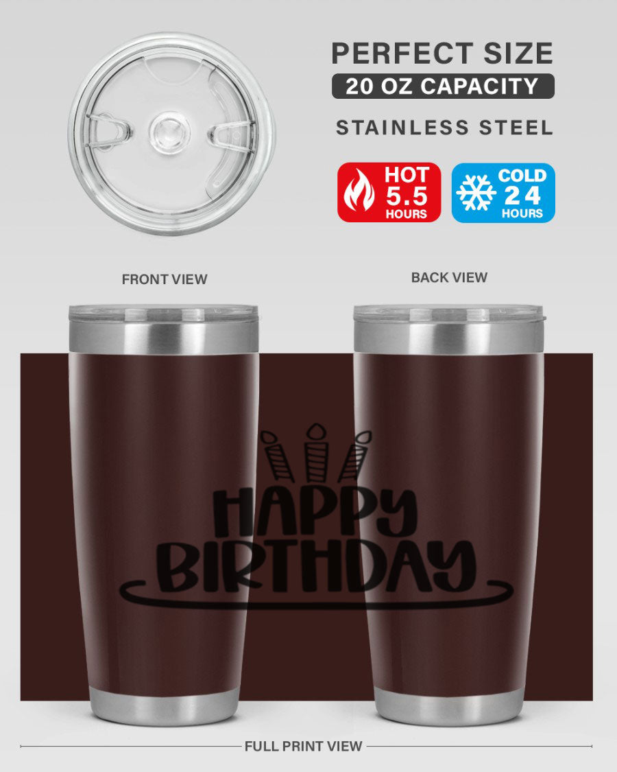 Happy Birthday Style 1# tumbler in 20oz and 30oz sizes, showcasing double wall vacuum stainless steel design with vibrant birthday-themed print.