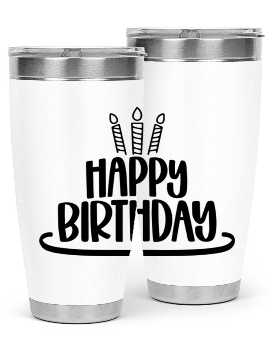 Happy Birthday Style 1# tumbler in 20oz and 30oz sizes, showcasing double wall vacuum stainless steel design with vibrant birthday-themed print.