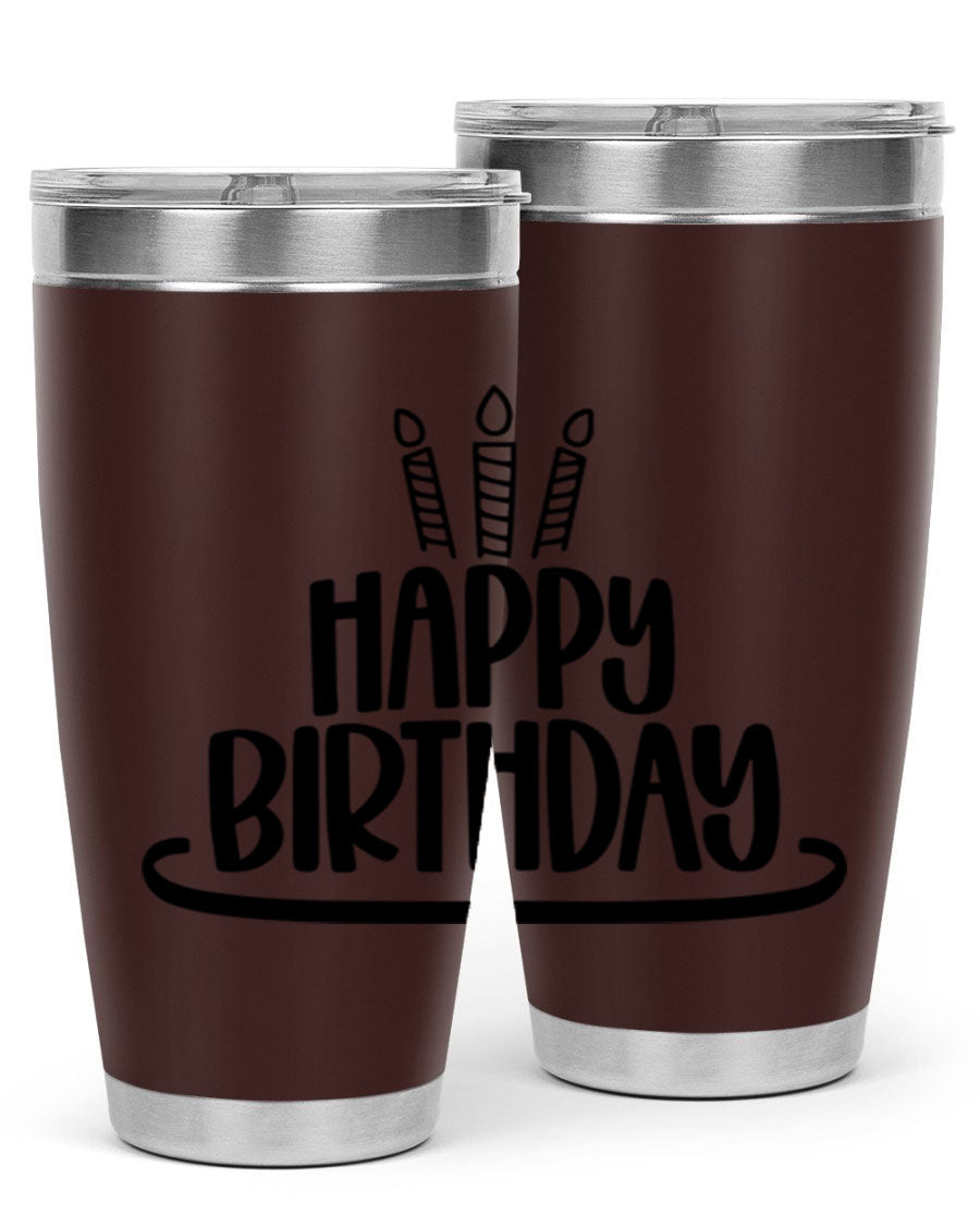 Happy Birthday Style 1# tumbler in 20oz and 30oz sizes, showcasing double wall vacuum stainless steel design with vibrant birthday-themed print.