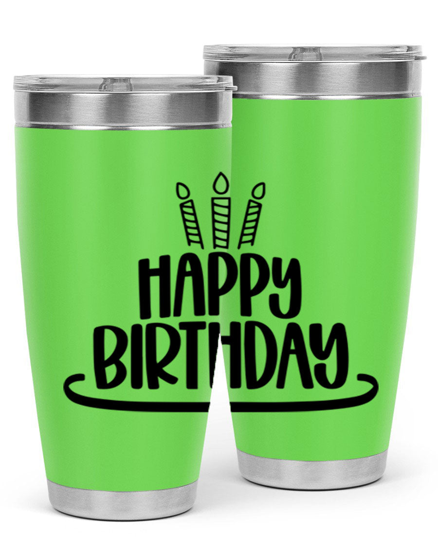 Happy Birthday Style 1# tumbler in 20oz and 30oz sizes, showcasing double wall vacuum stainless steel design with vibrant birthday-themed print.
