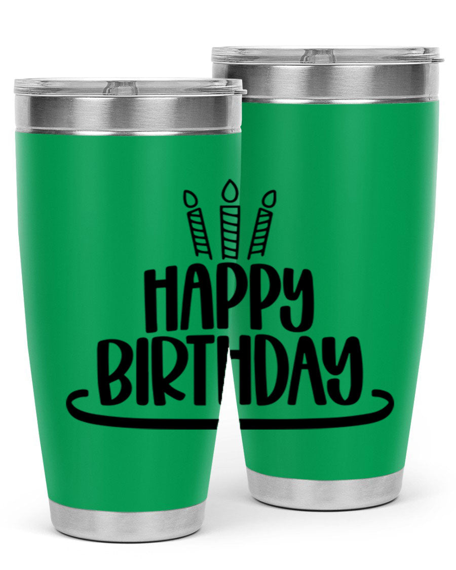 Happy Birthday Style 1# tumbler in 20oz and 30oz sizes, showcasing double wall vacuum stainless steel design with vibrant birthday-themed print.