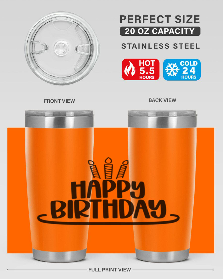 Happy Birthday Style 1# tumbler in 20oz and 30oz sizes, showcasing double wall vacuum stainless steel design with vibrant birthday-themed print.