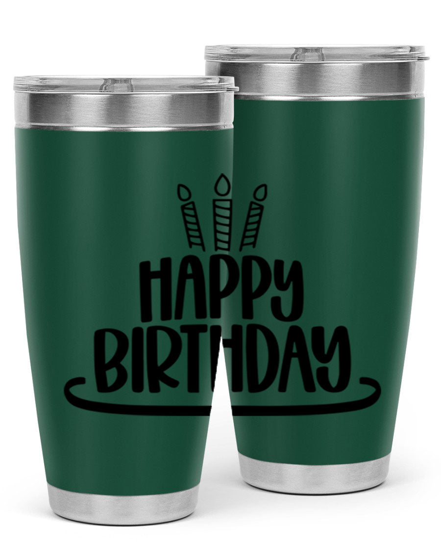 Happy Birthday Style 1# tumbler in 20oz and 30oz sizes, showcasing double wall vacuum stainless steel design with vibrant birthday-themed print.