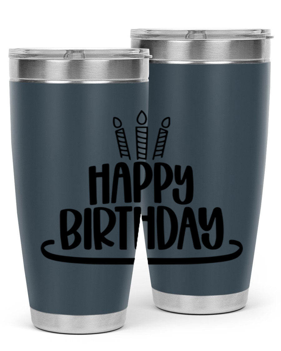 Happy Birthday Style 1# tumbler in 20oz and 30oz sizes, showcasing double wall vacuum stainless steel design with vibrant birthday-themed print.