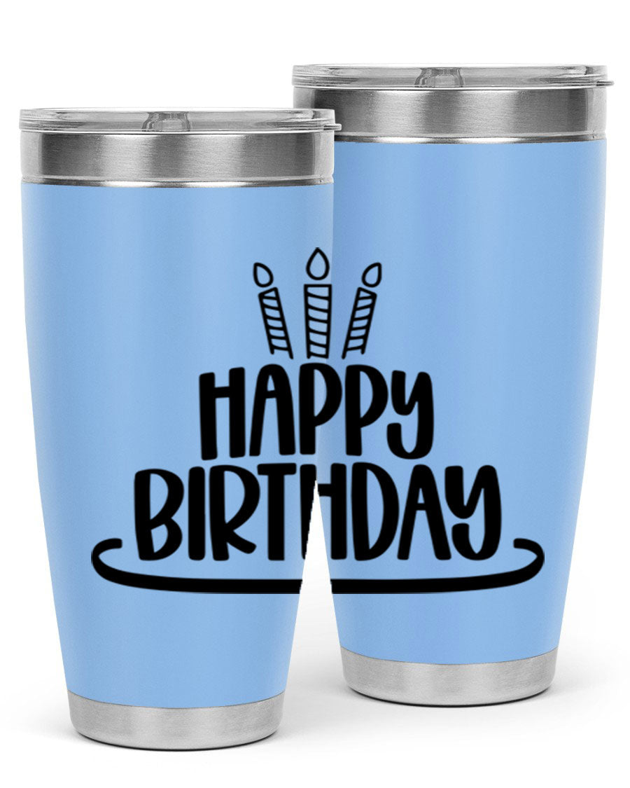 Happy Birthday Style 1# tumbler in 20oz and 30oz sizes, showcasing double wall vacuum stainless steel design with vibrant birthday-themed print.