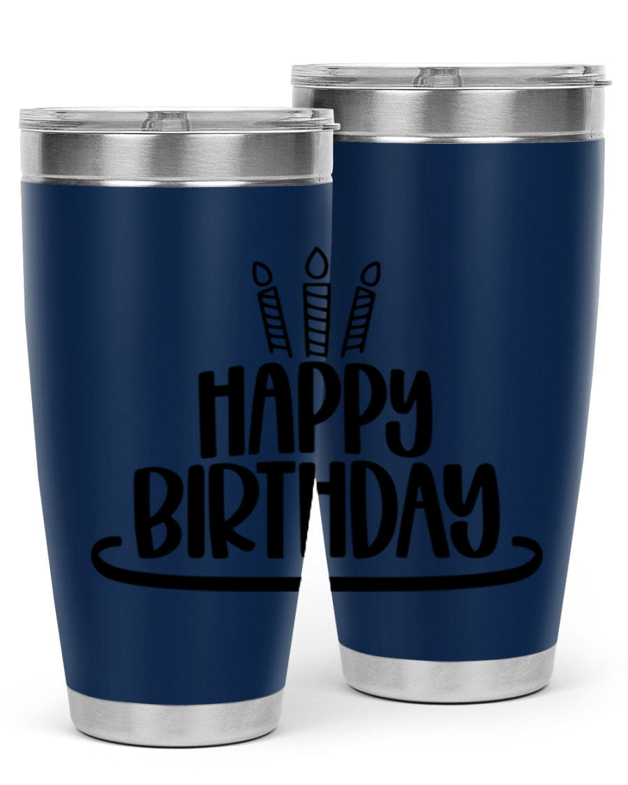 Happy Birthday Style 1# tumbler in 20oz and 30oz sizes, showcasing double wall vacuum stainless steel design with vibrant birthday-themed print.