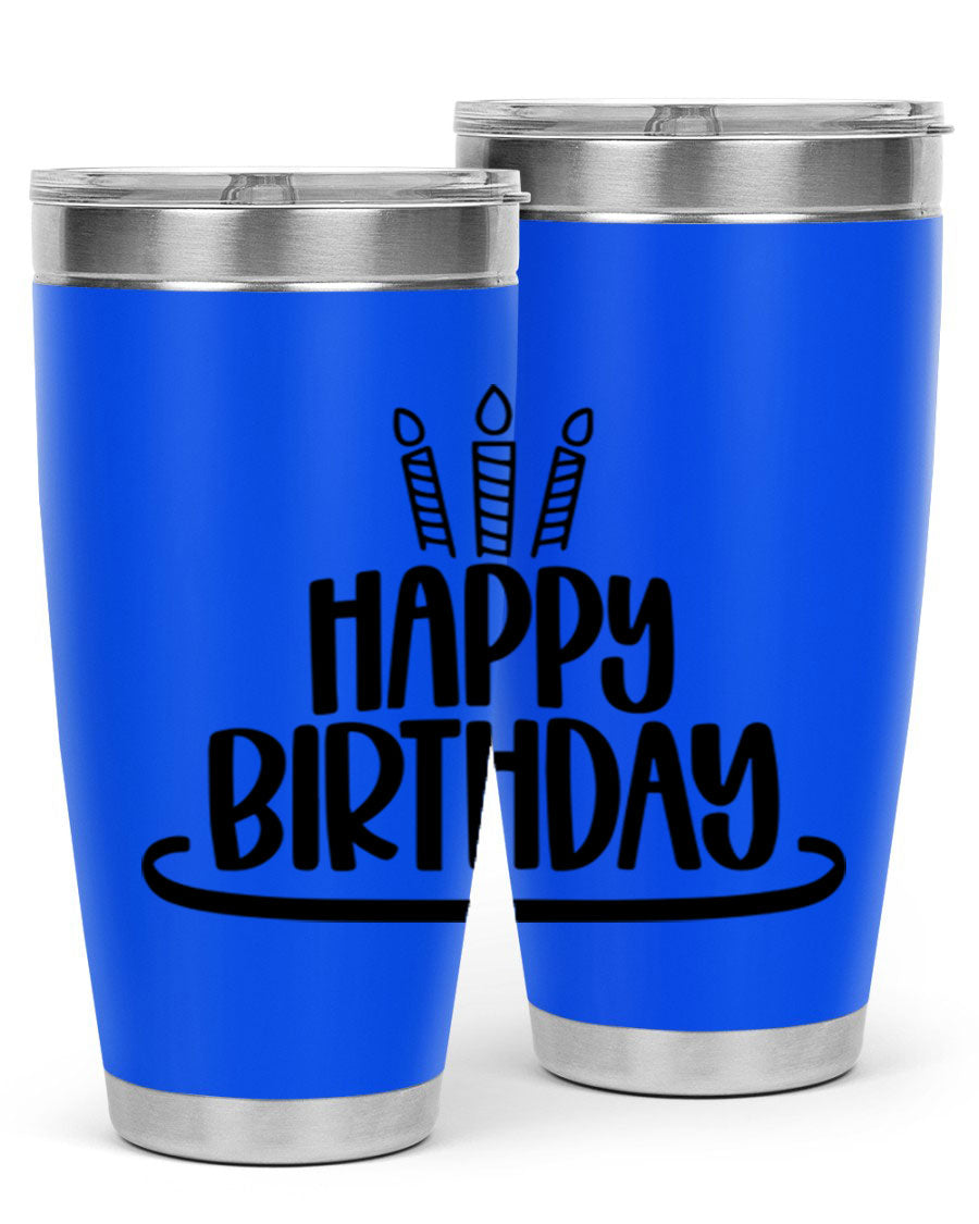 Happy Birthday Style 1# tumbler in 20oz and 30oz sizes, showcasing double wall vacuum stainless steel design with vibrant birthday-themed print.