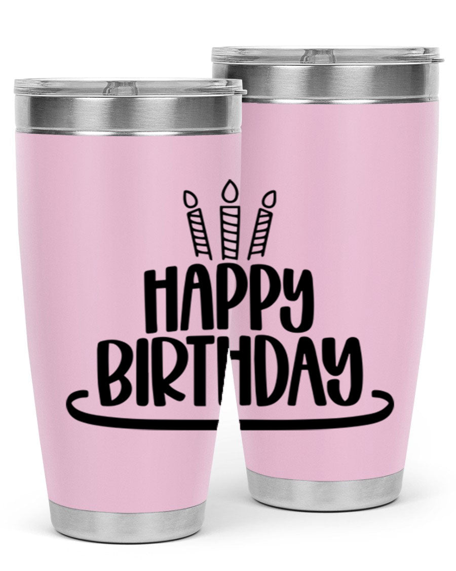 Happy Birthday Style 1# tumbler in 20oz and 30oz sizes, showcasing double wall vacuum stainless steel design with vibrant birthday-themed print.
