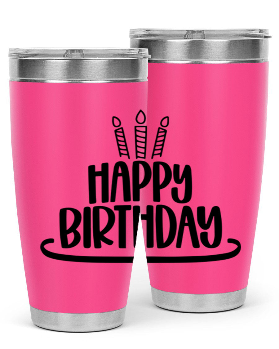 Happy Birthday Style 1# tumbler in 20oz and 30oz sizes, showcasing double wall vacuum stainless steel design with vibrant birthday-themed print.