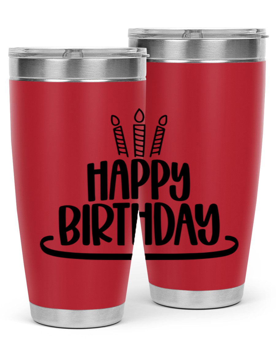 Happy Birthday Style 1# tumbler in 20oz and 30oz sizes, showcasing double wall vacuum stainless steel design with vibrant birthday-themed print.