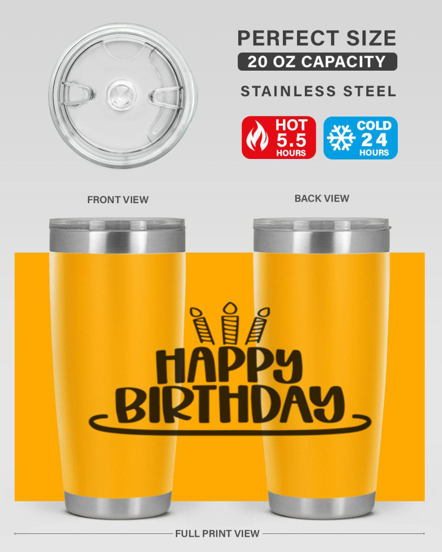 Happy Birthday Style 1# tumbler in 20oz and 30oz sizes, showcasing double wall vacuum stainless steel design with vibrant birthday-themed print.