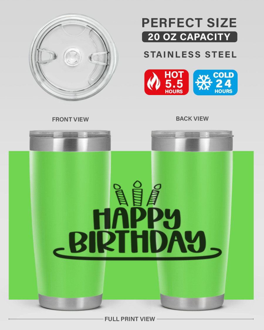 Happy Birthday Style 1# tumbler in 20oz and 30oz sizes, showcasing double wall vacuum stainless steel design with vibrant birthday-themed print.