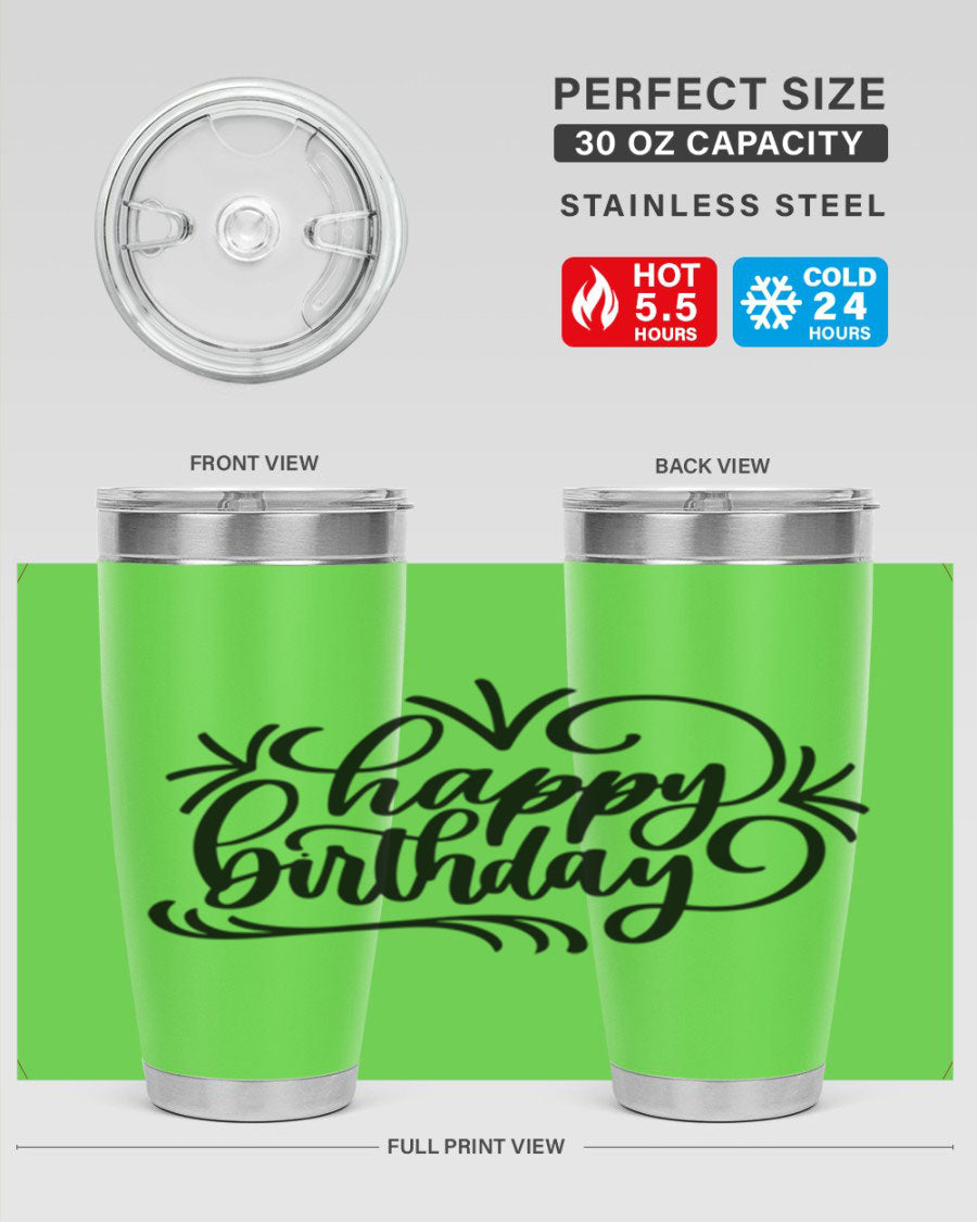 Happy Birthday Style 5# tumbler in vibrant colors, showcasing its double wall vacuum stainless steel design and drink-thru lid.