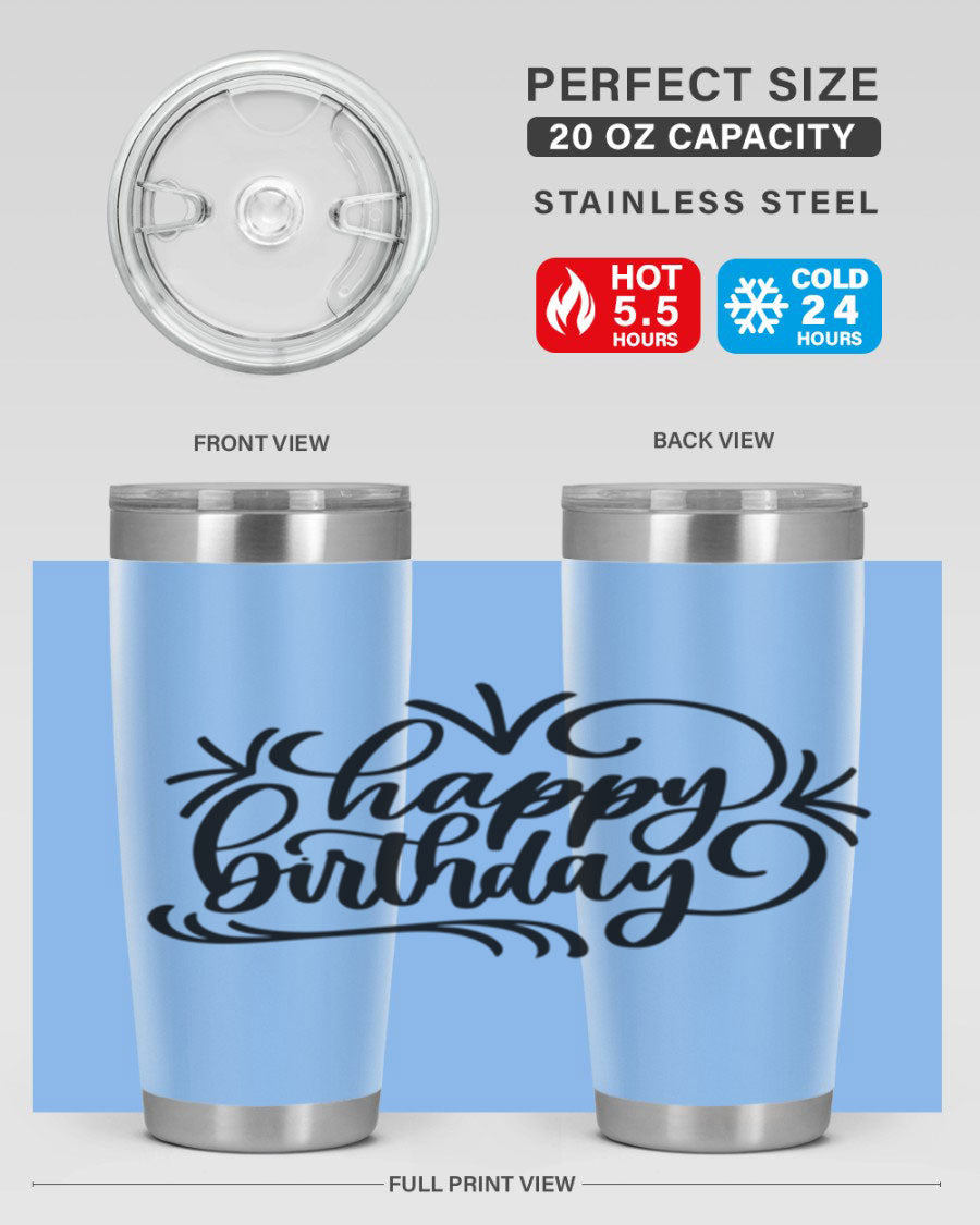 Happy Birthday Style 5# tumbler in vibrant colors, showcasing its double wall vacuum stainless steel design and drink-thru lid.