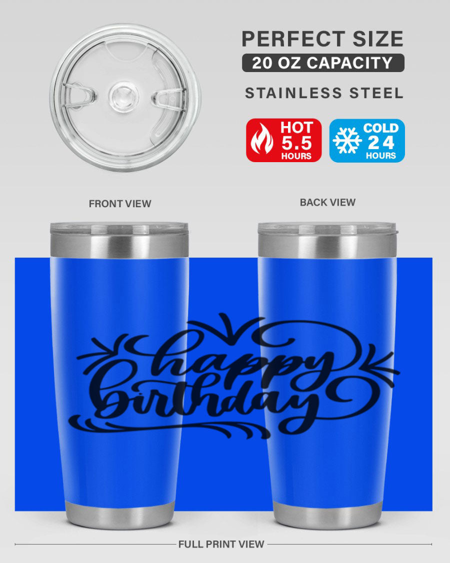 Happy Birthday Style 5# tumbler in vibrant colors, showcasing its double wall vacuum stainless steel design and drink-thru lid.