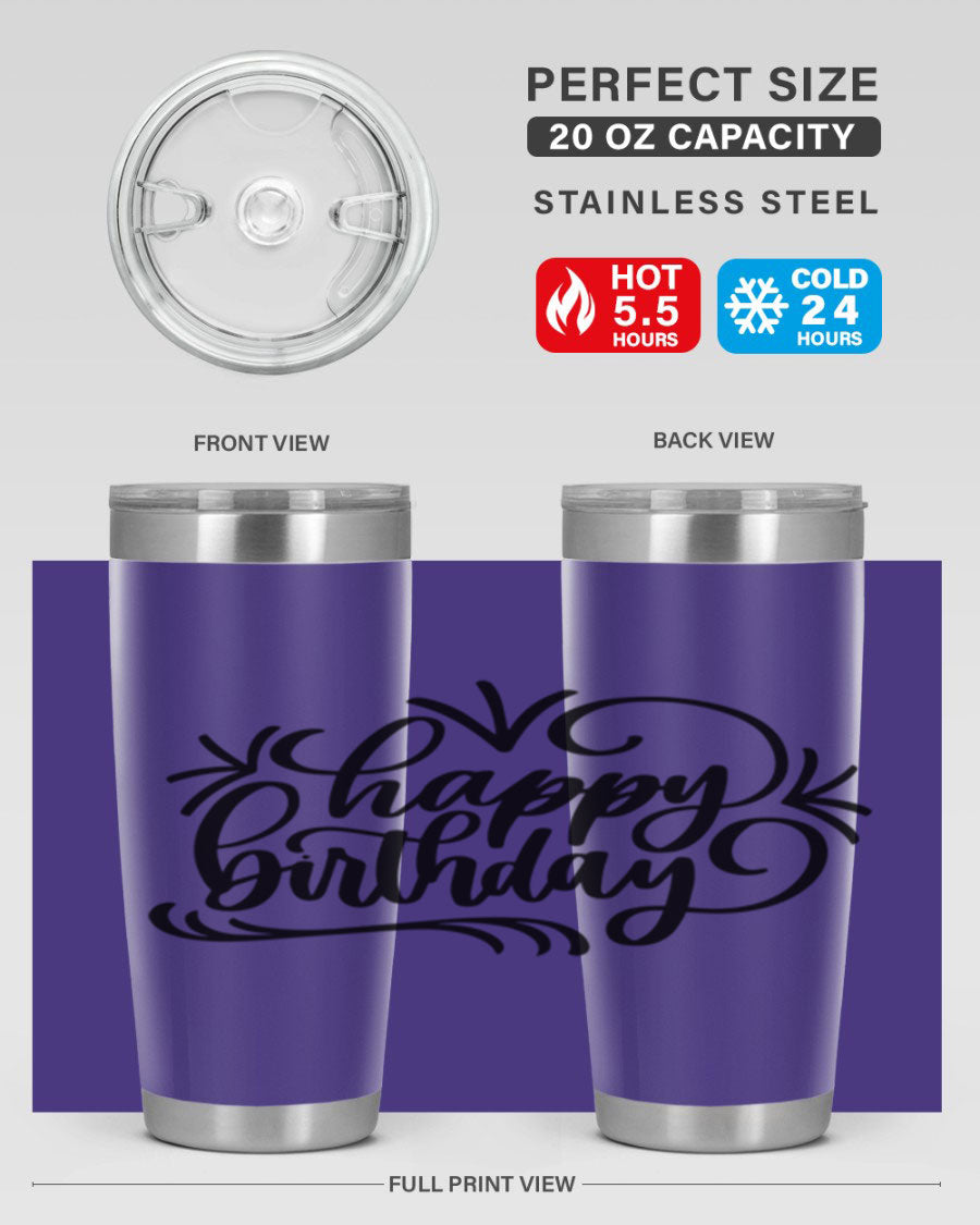Happy Birthday Style 5# tumbler in vibrant colors, showcasing its double wall vacuum stainless steel design and drink-thru lid.