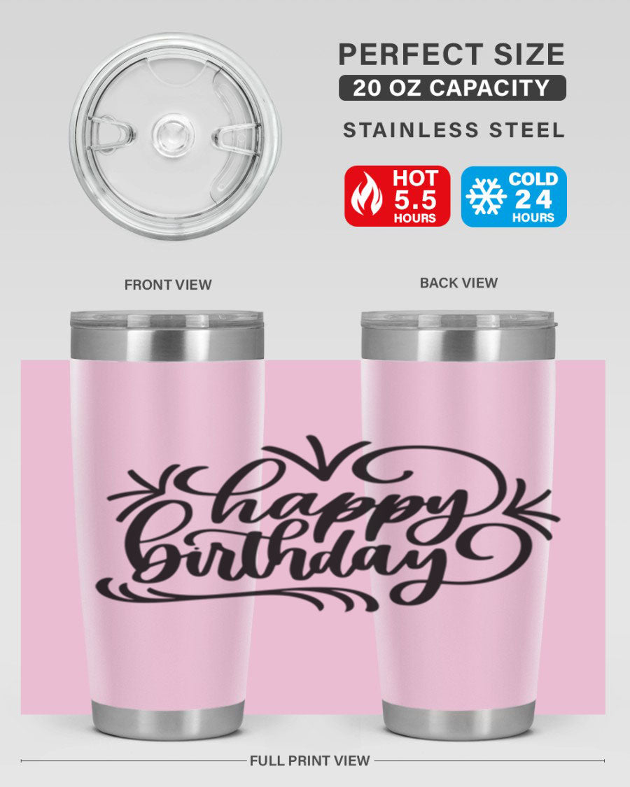 Happy Birthday Style 5# tumbler in vibrant colors, showcasing its double wall vacuum stainless steel design and drink-thru lid.