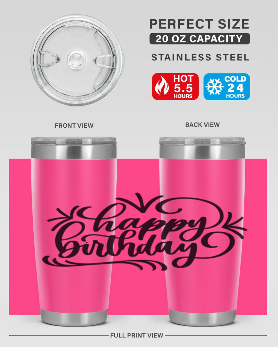 Happy Birthday Style 5# tumbler in vibrant colors, showcasing its double wall vacuum stainless steel design and drink-thru lid.