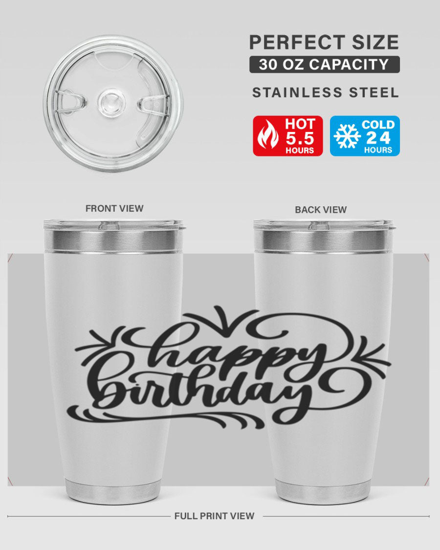 Happy Birthday Style 5# tumbler in vibrant colors, showcasing its double wall vacuum stainless steel design and drink-thru lid.