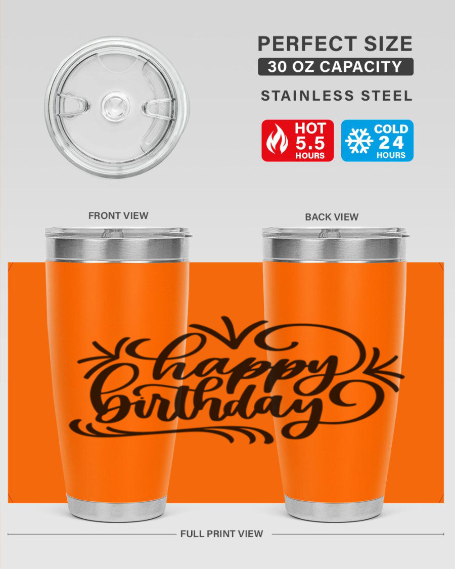 Happy Birthday Style 5# tumbler in vibrant colors, showcasing its double wall vacuum stainless steel design and drink-thru lid.