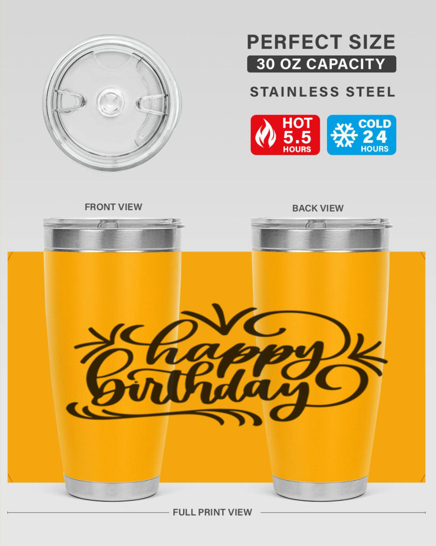 Happy Birthday Style 5# tumbler in vibrant colors, showcasing its double wall vacuum stainless steel design and drink-thru lid.