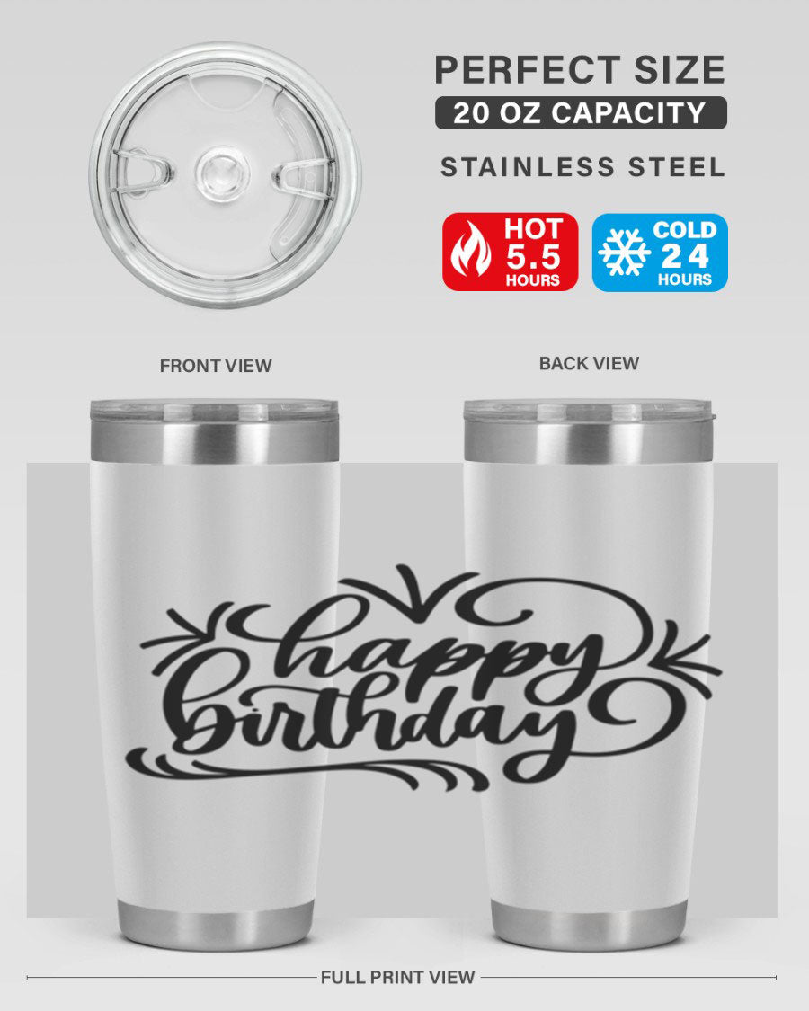 Happy Birthday Style 5# tumbler in vibrant colors, showcasing its double wall vacuum stainless steel design and drink-thru lid.