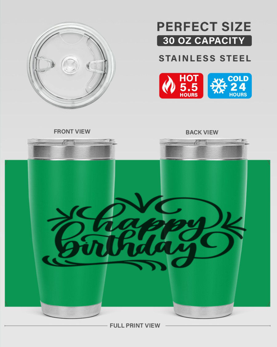 Happy Birthday Style 5# tumbler in vibrant colors, showcasing its double wall vacuum stainless steel design and drink-thru lid.
