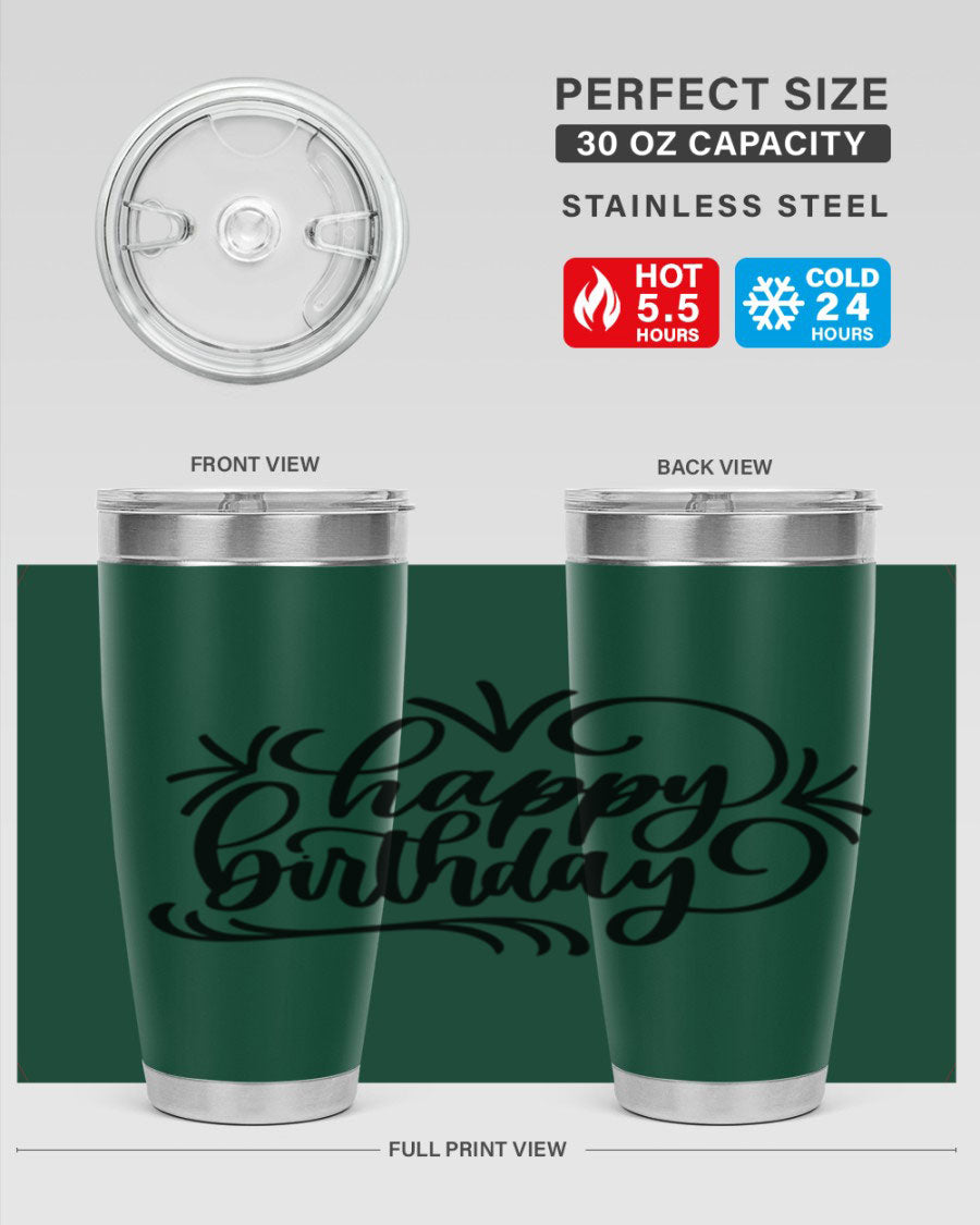 Happy Birthday Style 5# tumbler in vibrant colors, showcasing its double wall vacuum stainless steel design and drink-thru lid.