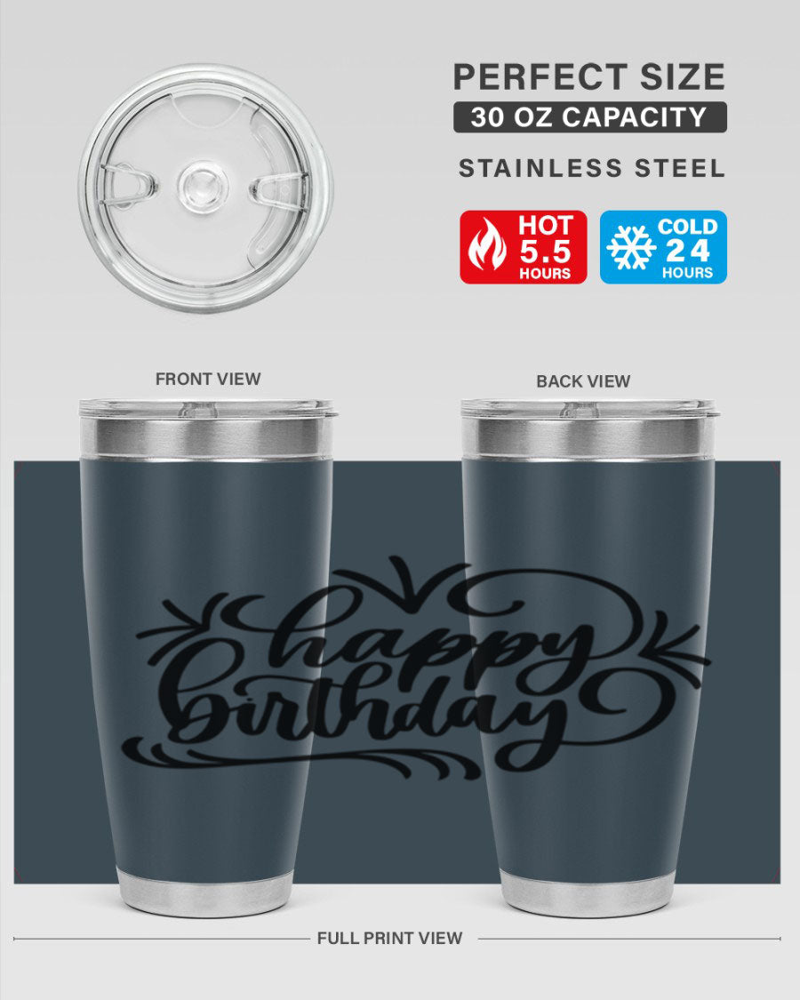 Happy Birthday Style 5# tumbler in vibrant colors, showcasing its double wall vacuum stainless steel design and drink-thru lid.