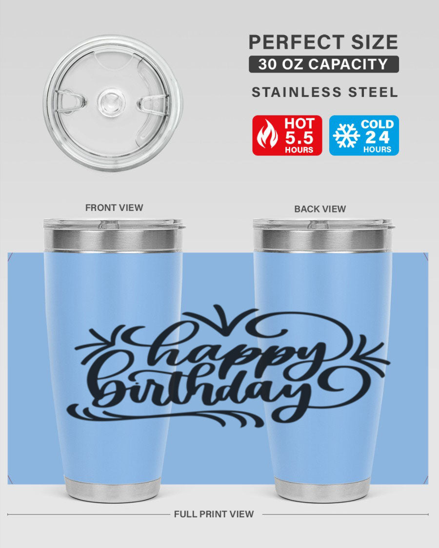 Happy Birthday Style 5# tumbler in vibrant colors, showcasing its double wall vacuum stainless steel design and drink-thru lid.