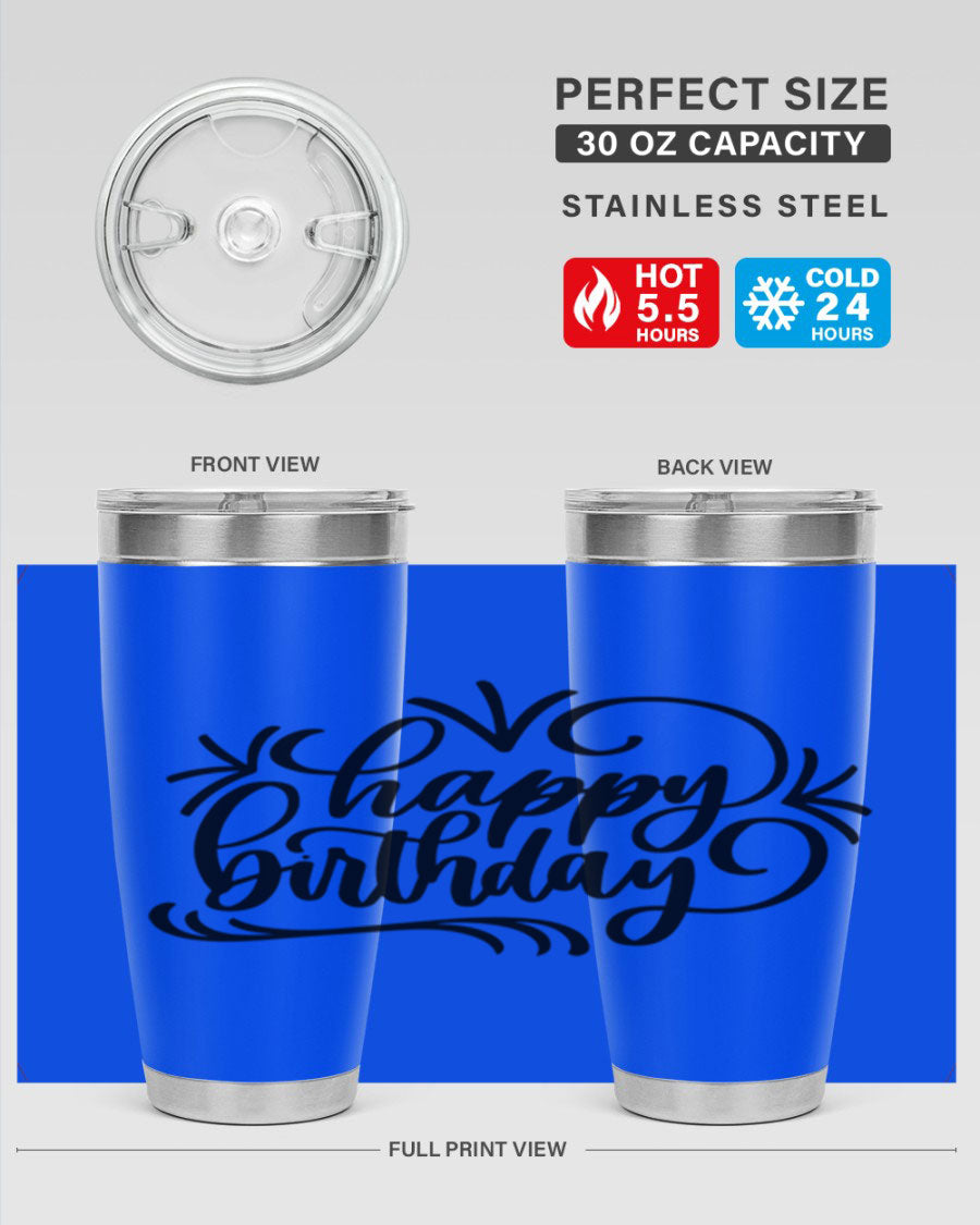 Happy Birthday Style 5# tumbler in vibrant colors, showcasing its double wall vacuum stainless steel design and drink-thru lid.