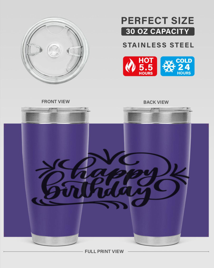 Happy Birthday Style 5# tumbler in vibrant colors, showcasing its double wall vacuum stainless steel design and drink-thru lid.