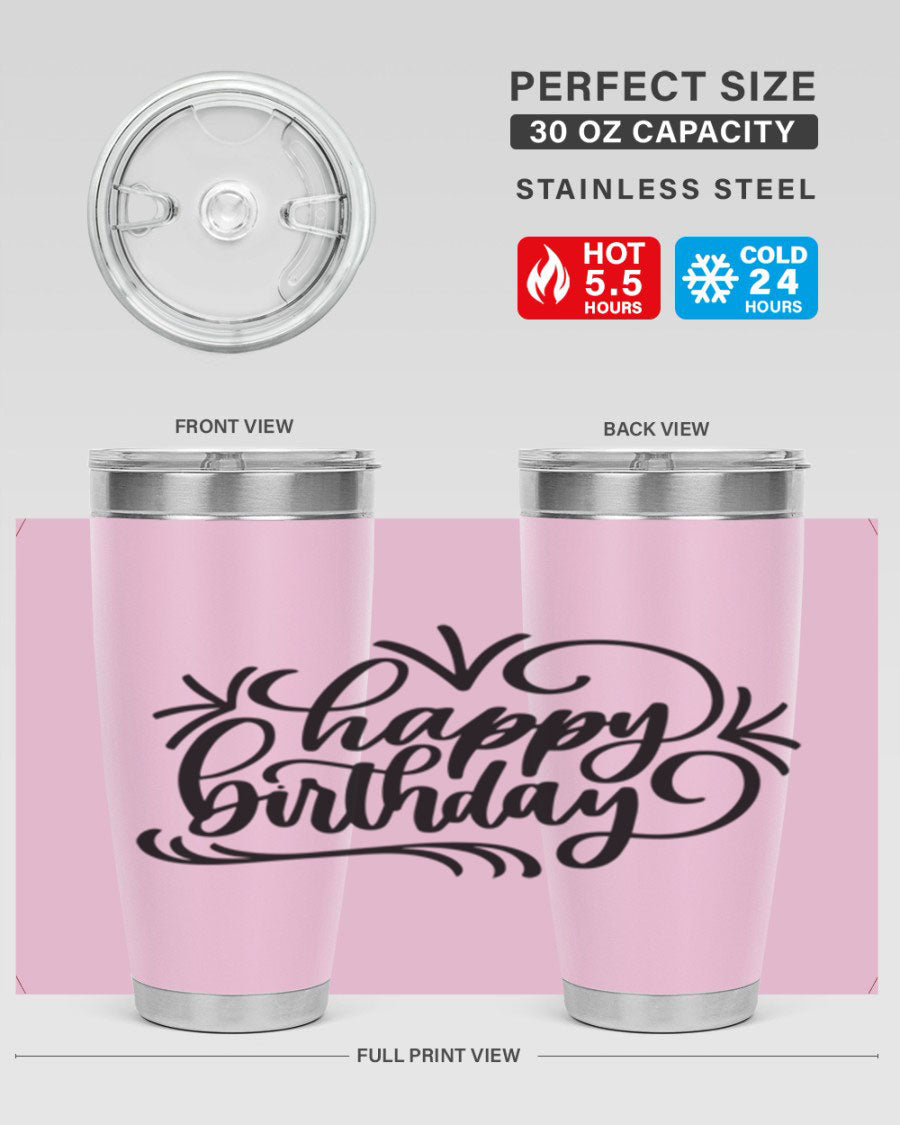 Happy Birthday Style 5# tumbler in vibrant colors, showcasing its double wall vacuum stainless steel design and drink-thru lid.