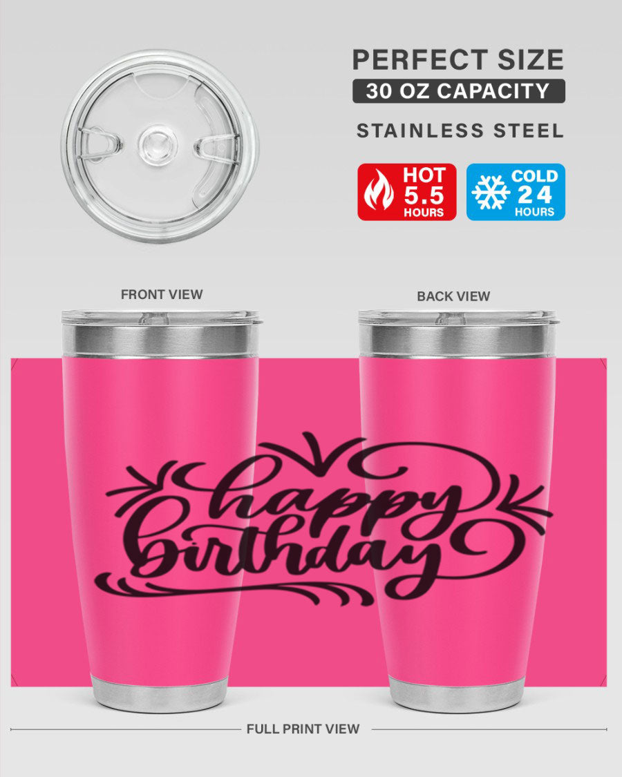 Happy Birthday Style 5# tumbler in vibrant colors, showcasing its double wall vacuum stainless steel design and drink-thru lid.