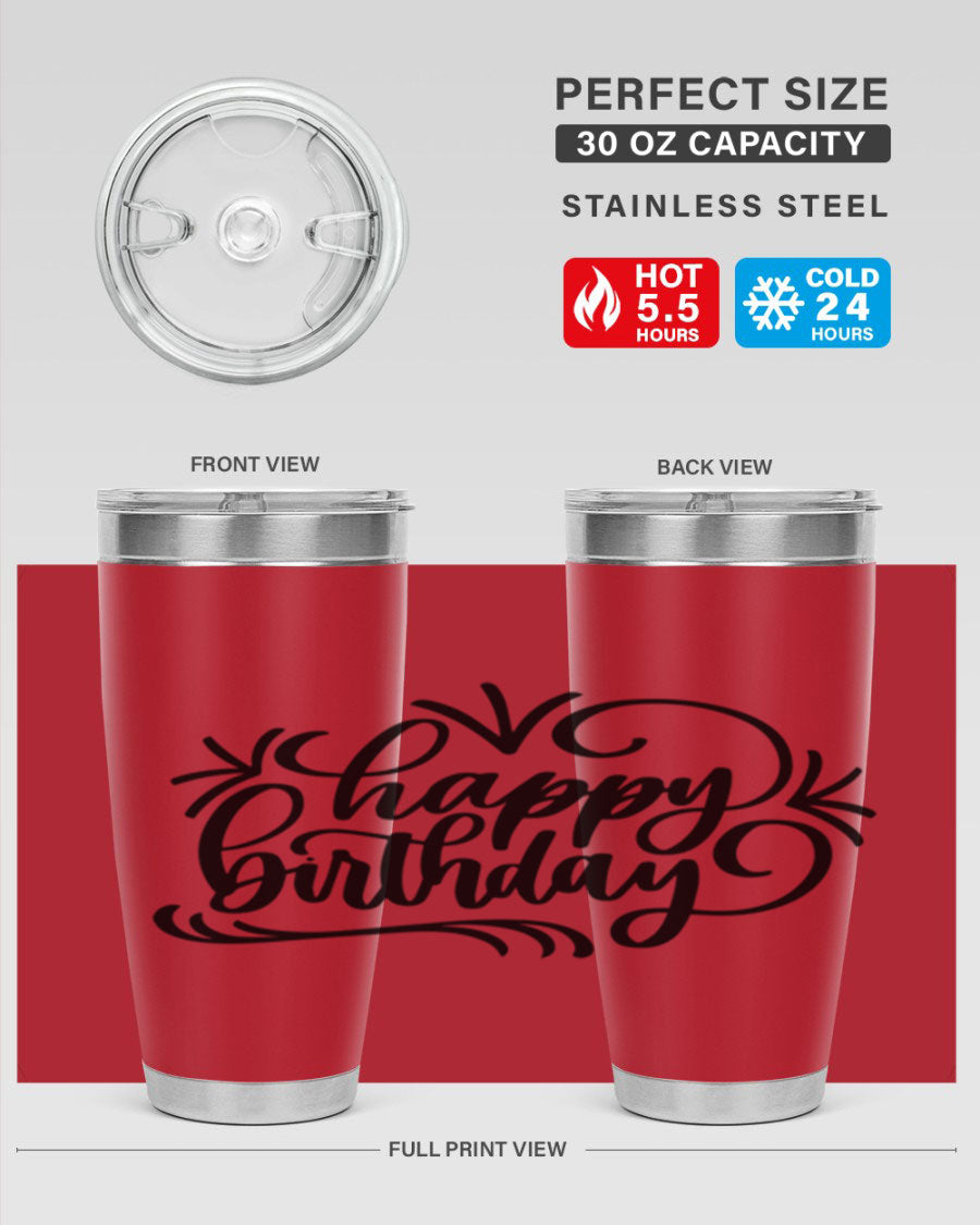 Happy Birthday Style 5# tumbler in vibrant colors, showcasing its double wall vacuum stainless steel design and drink-thru lid.